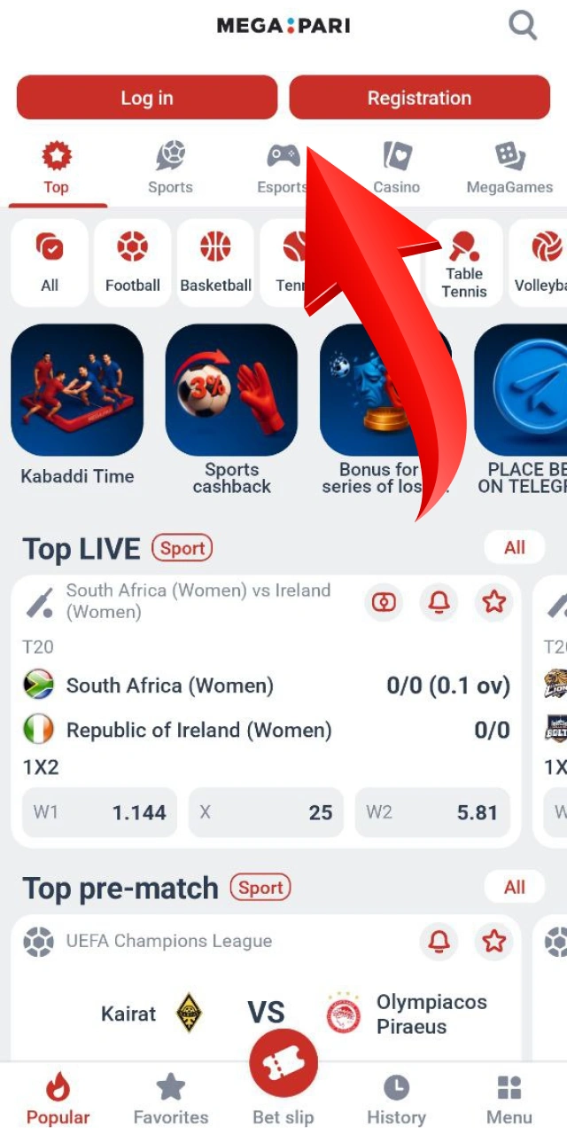 Navigate through the top menu to browse sections in the Megapari app.