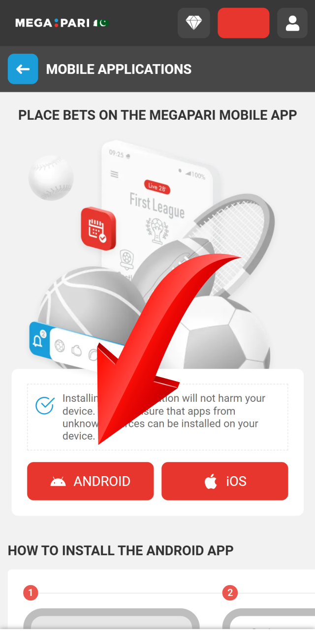 Click the Android button to download the Megapari apk file.