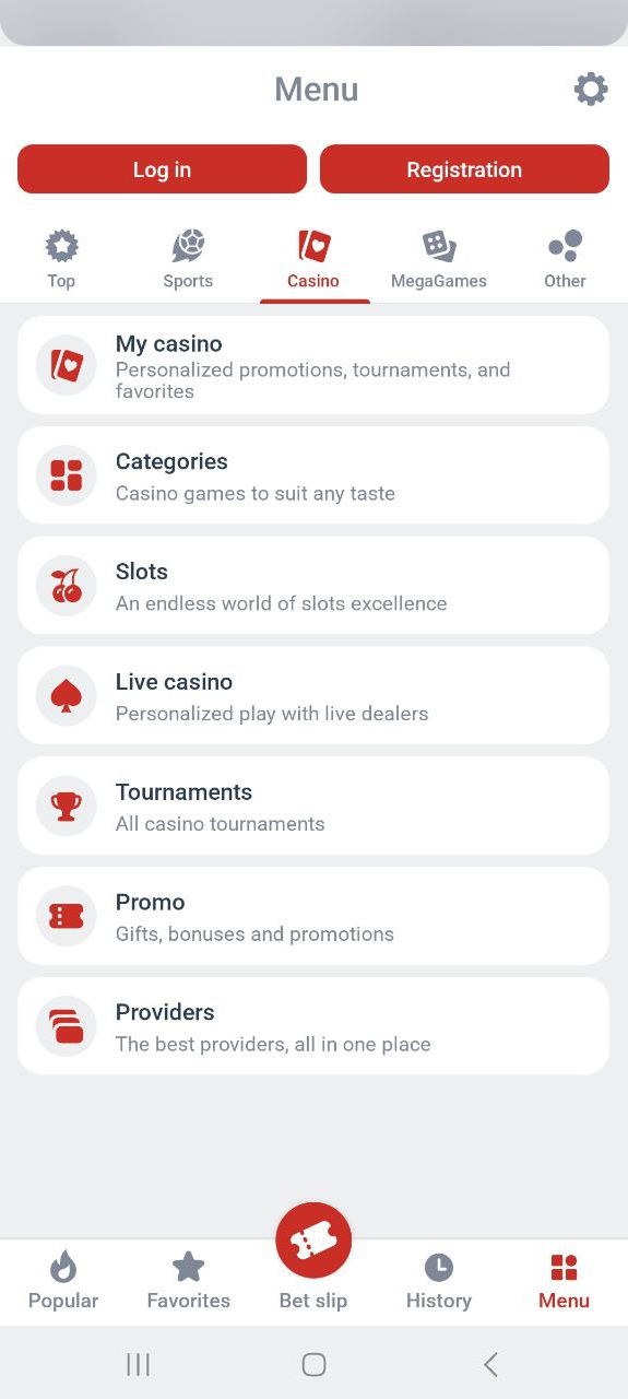 Explore the Megapari casino menu to play slots and live dealer games.