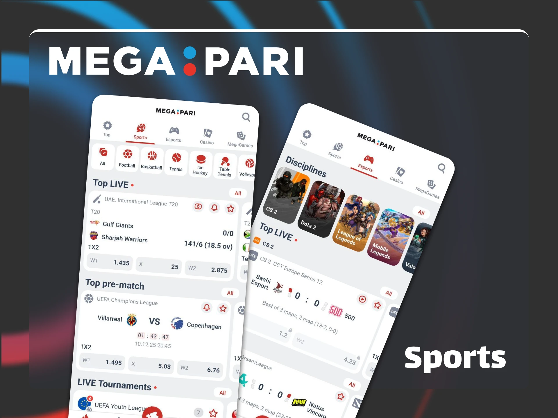 Place bets on live cricket and football matches via the Megapari sports section.