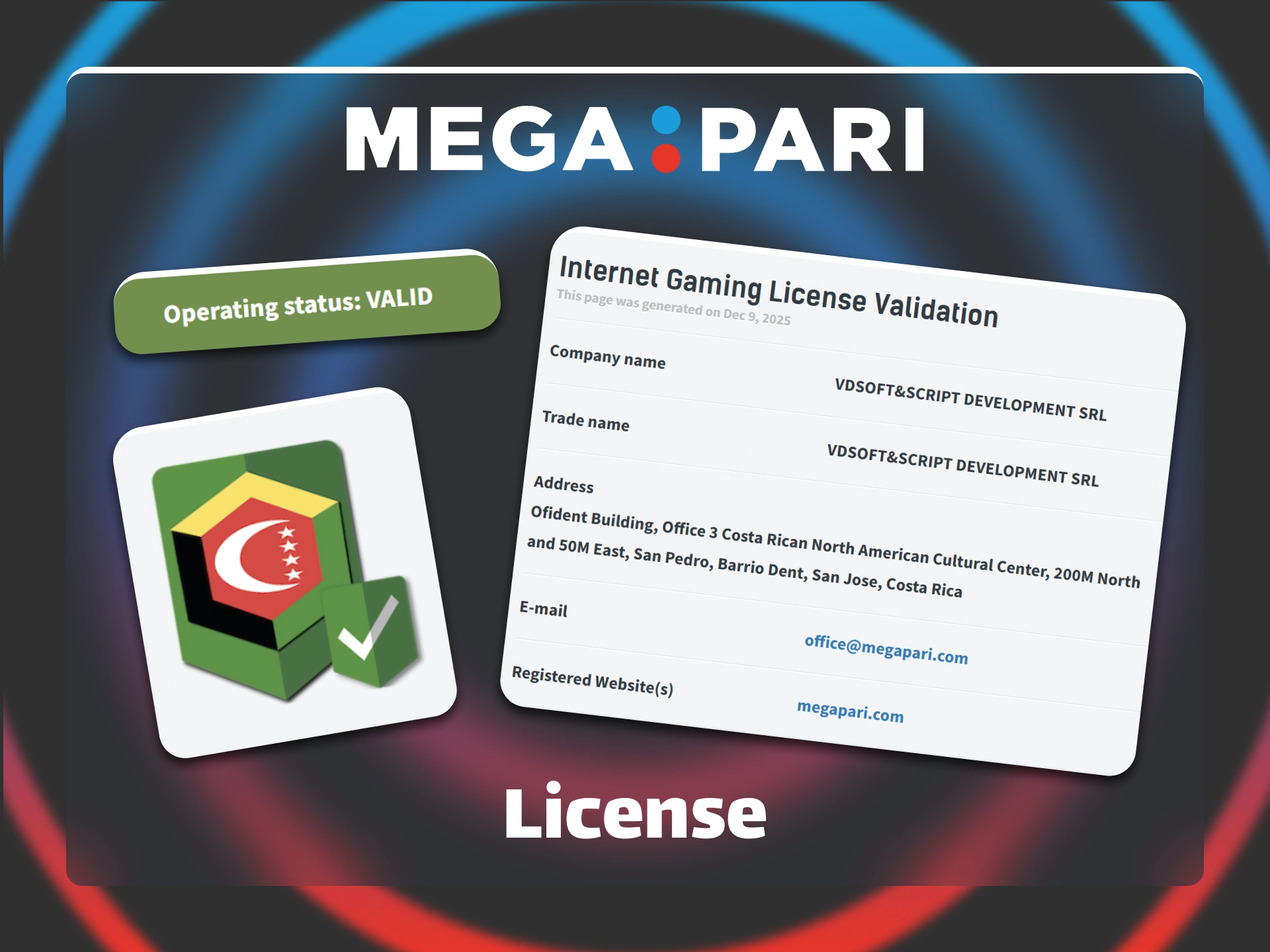 Verify the official gaming license of the Megapari website.