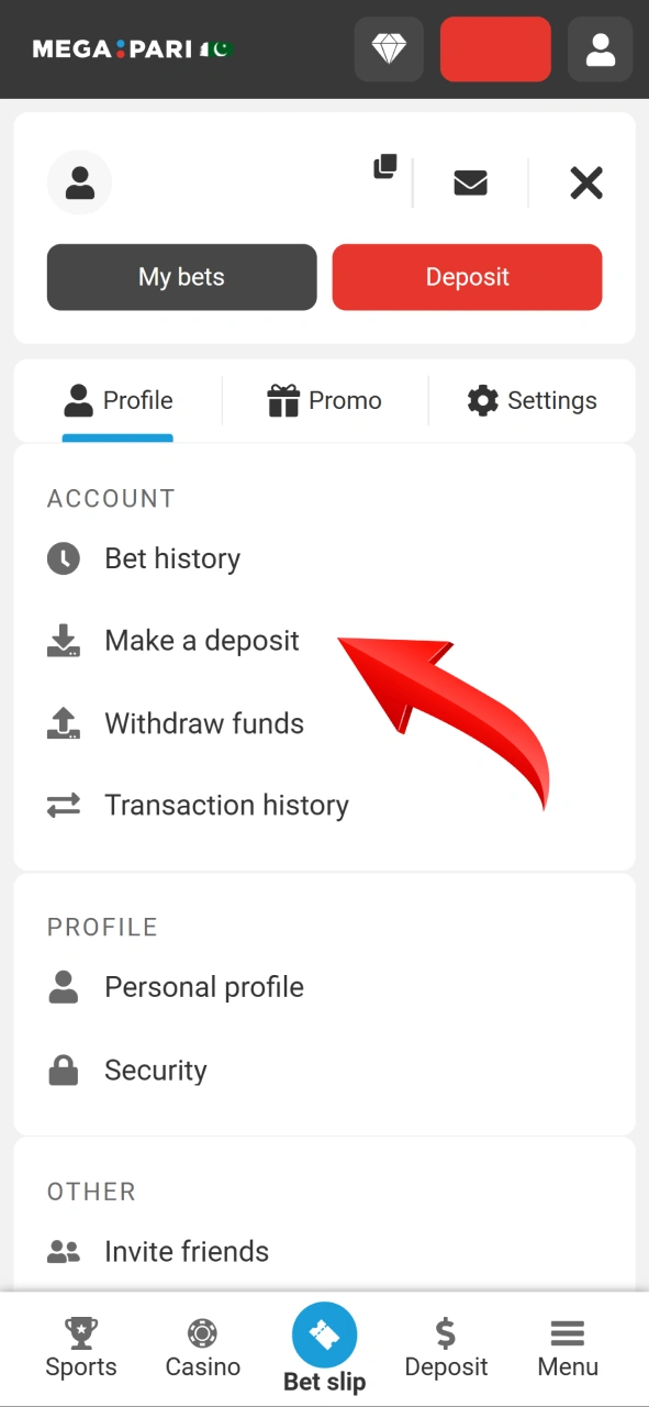 Tap on make a deposit in the Megapari account menu.