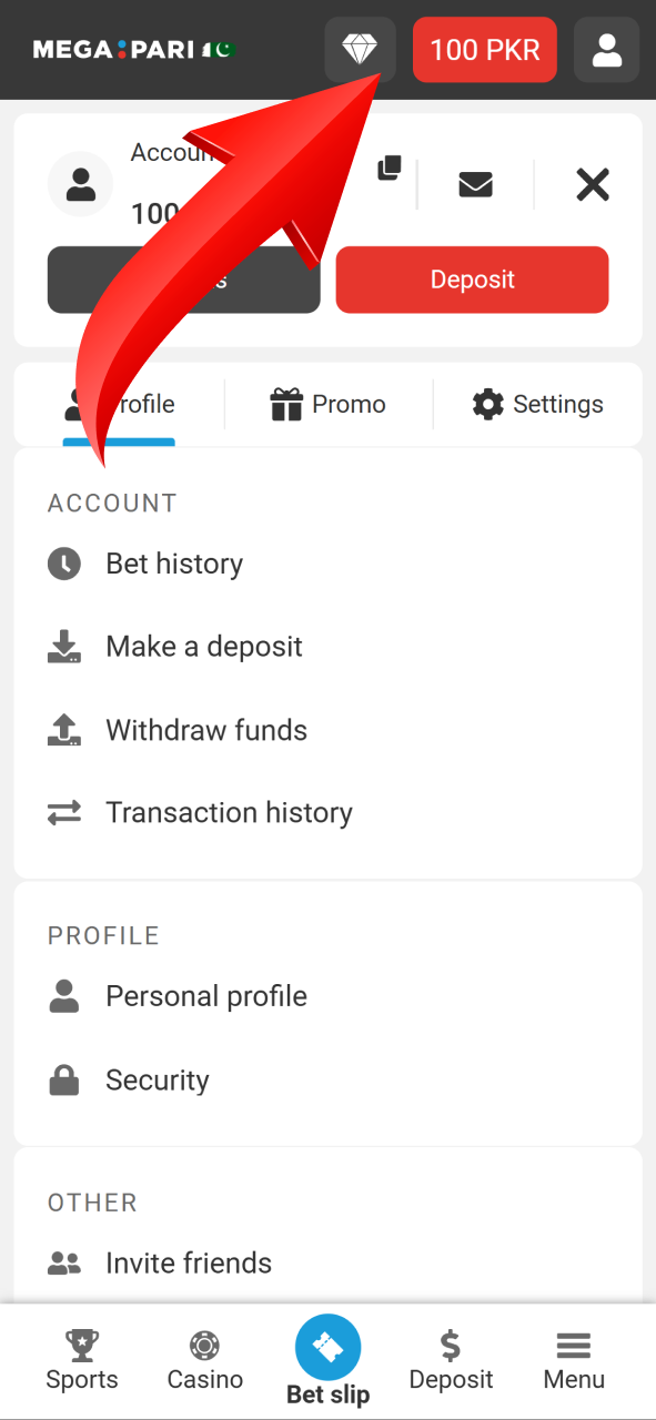 Check your wallet balance icon at the top of Megapari.