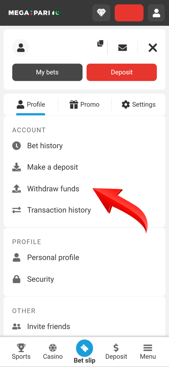 Select withdraw funds to access the payout page on Megapari.