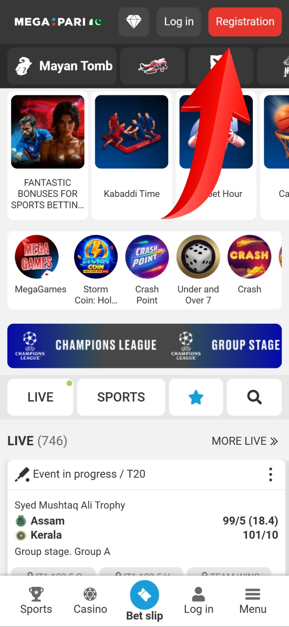 Tap the red registration button on the Megapari homepage to start signing up.