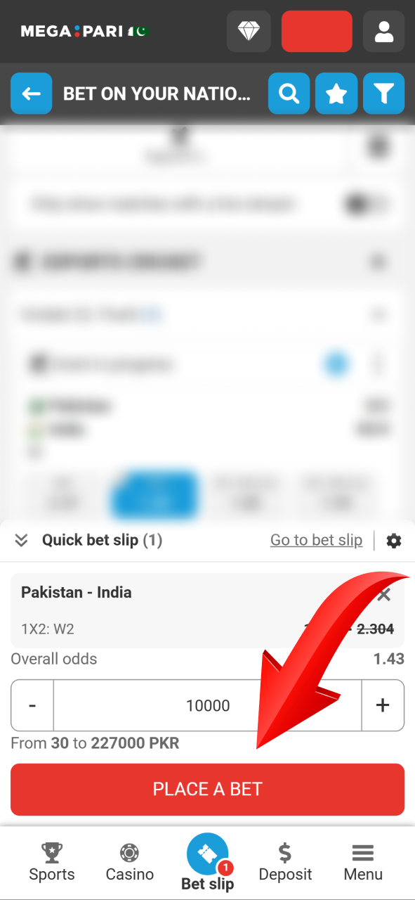 Enter your stake amount and place your first bet on Megapari now.