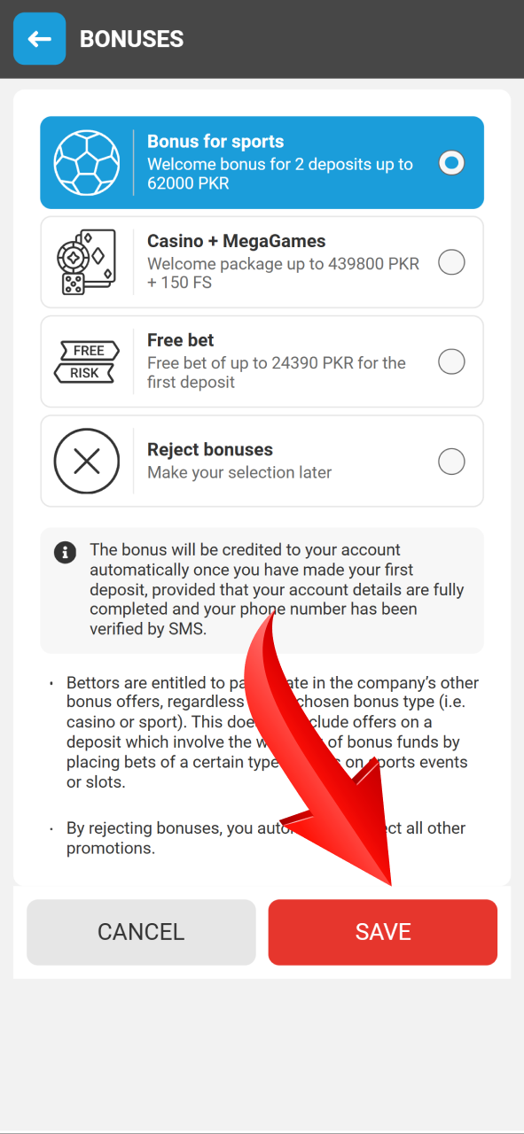 Choose your welcome bonus and save the selection on the Megapari app.