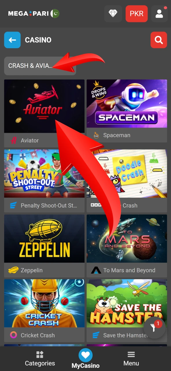 Find the Aviator crash game in the official Megapari lobby.