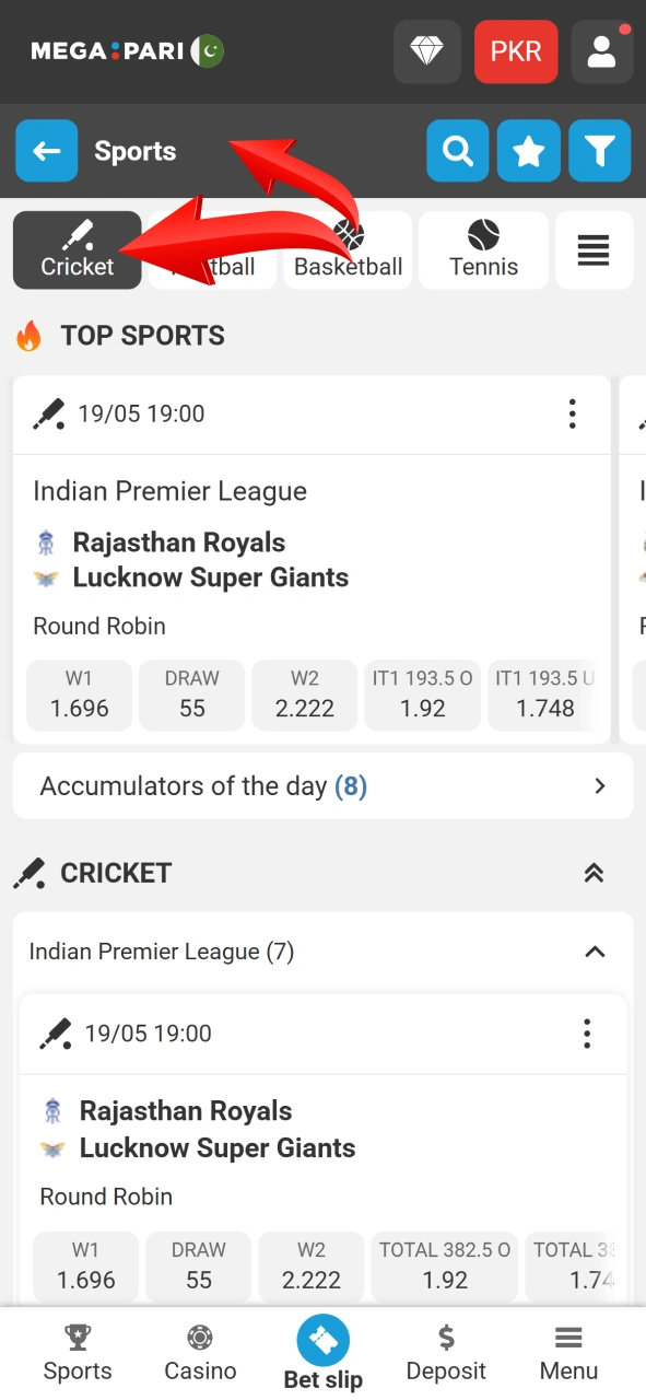 Access the dedicated cricket sports section via official Megapari portal.