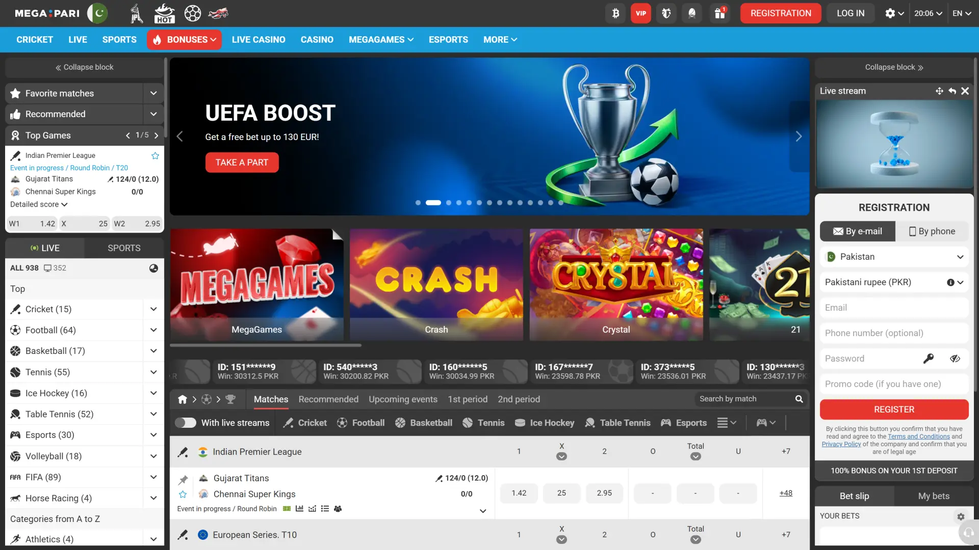 See the official Megapari homepage screenshot showcasing top live events and features.