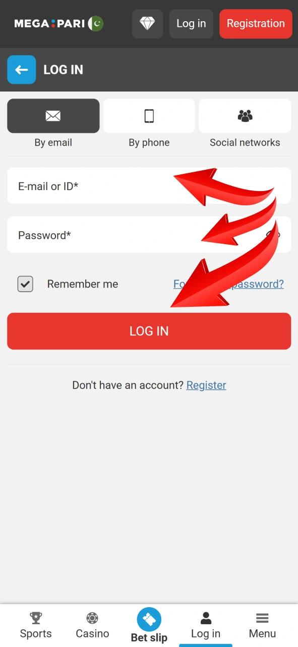 Log into your account on the official Megapari mobile app.